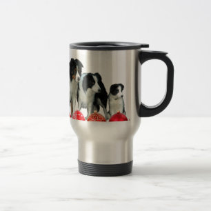 Border Collie Dogs with Red Christmas Ornaments Travel Mug