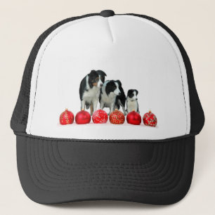 Border Collie Dogs with Red Christmas Ornaments Trucker Hat