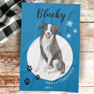 Border Collie Drawing Paw Merry Christmas  Tea Towel