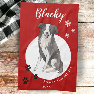 Border Collie Drawing Paw Merry Christmas  Tea Towel