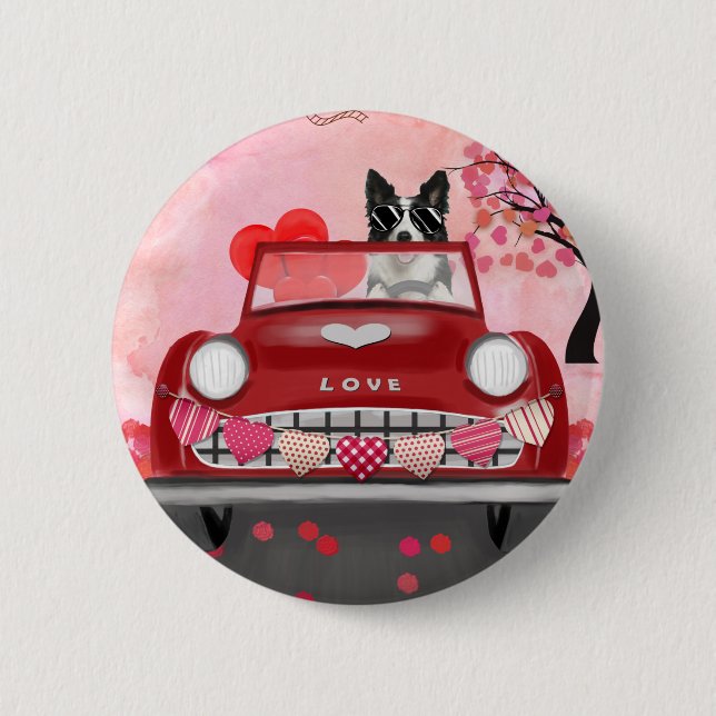 Border Collie Driving Car with Hearts Valentine's  6 Cm Round Badge (Front)