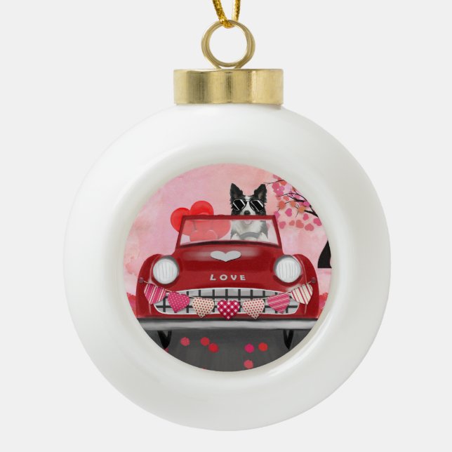 Border Collie Driving Car with Hearts Valentine's Ceramic Ball Christmas Ornament (Front)