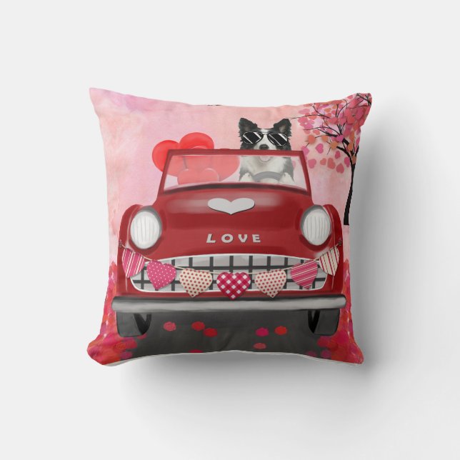 Border Collie Driving Car with Hearts Valentine's Cushion (Front)