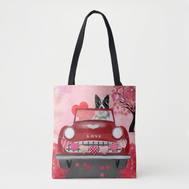 Border Collie Driving Car with Hearts Valentine's Tote Bag (Front)