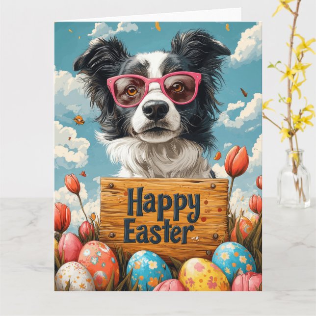 Border Collie Easter Eggs Card (Yellow Flower)