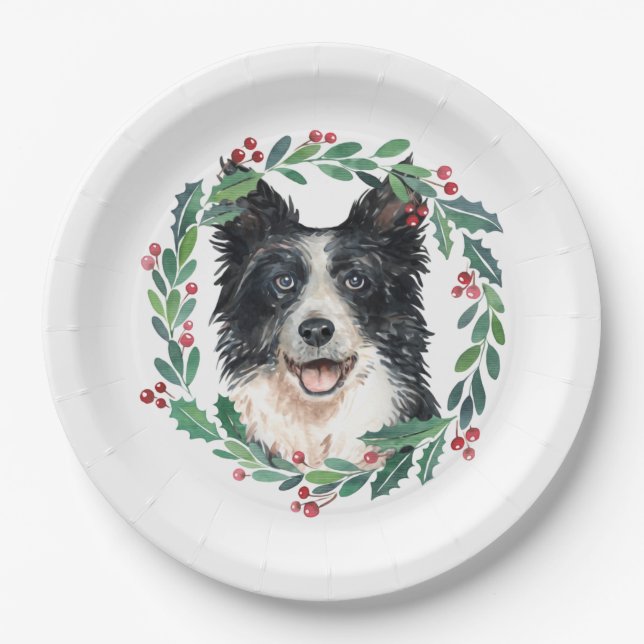 Border Collie Elegant Dog Christmas Holiday Paper Paper Plate (Front)