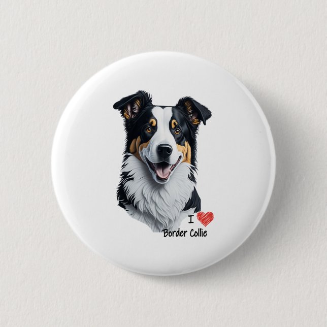 Border Collie face (with I Love text) 6 Cm Round Badge (Front)