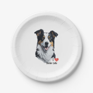 Border Collie face (with I Love text) Paper Plate