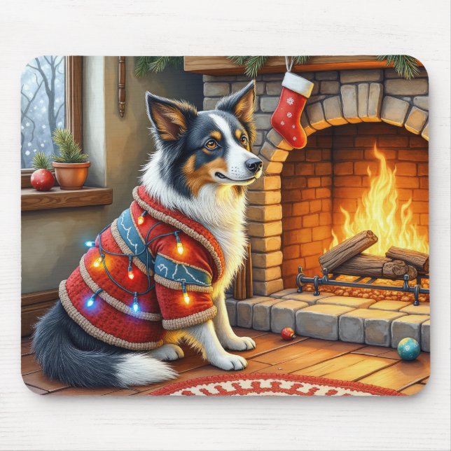 Border Collie Fireplace with Christmas Lights Mouse Mat (Front)