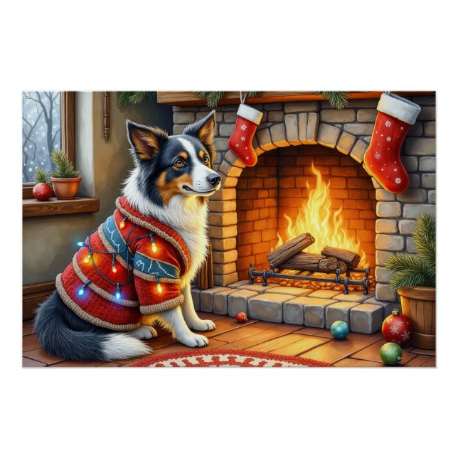 Border Collie Fireplace with Christmas Lights Poster (Front)