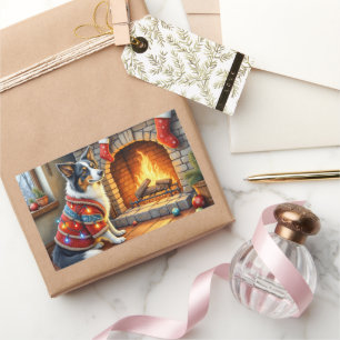 Border Collie Fireplace with Christmas Lights Rectangular Sticker