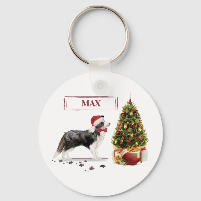 Border Collie Funny Christmas Dog with Tree Key Ring (Front)