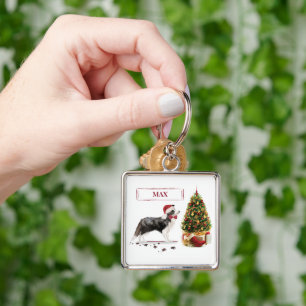 Border Collie Funny Christmas Dog with Tree Key Ring