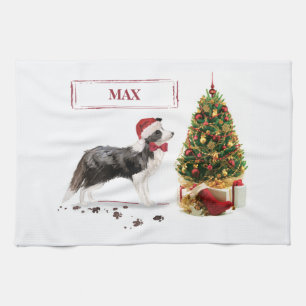 Border Collie Funny Christmas Dog with Tree Tea Towel