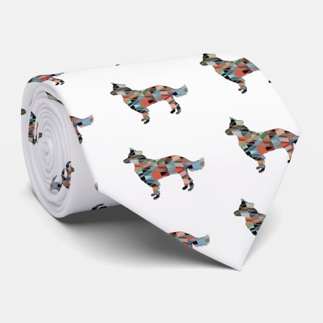 Border Collie Geometric Silhouette Plaid Tie (Rolled)