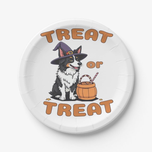 Border Collie Halloween Dog Costume “Treat or Trea Paper Plate (Front)