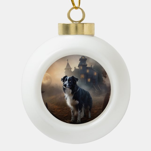 Border Collie Halloween Scary  Ceramic Ball Christmas Ornament (Front)