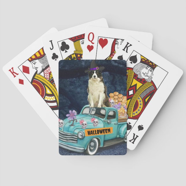 Border Collie Halloween Truck Scary Night Playing Cards (Back)