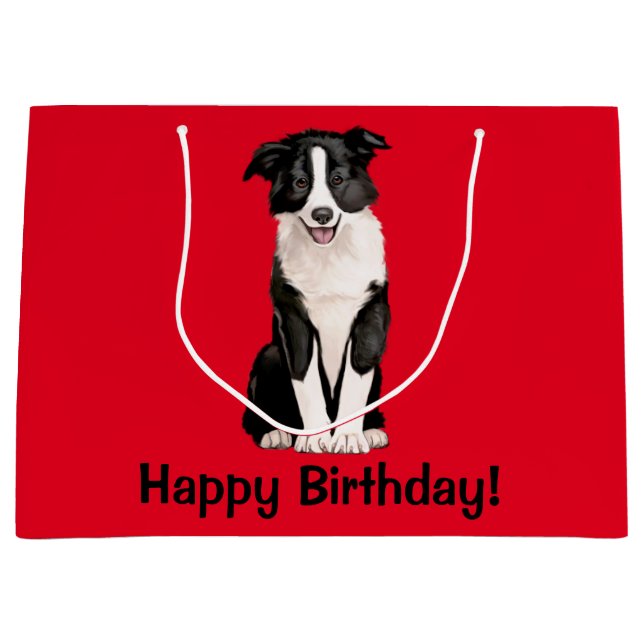 Border Collie Happy Birthday Large Gift Bag (Front)