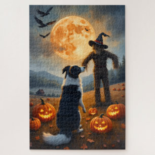Border Collie Haunted Pumpkin Field Halloween Art Jigsaw Puzzle