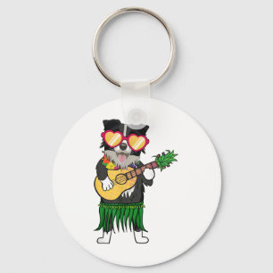 Border Collie Hawaiian Costume Playing Ukulele Sum Key Ring
