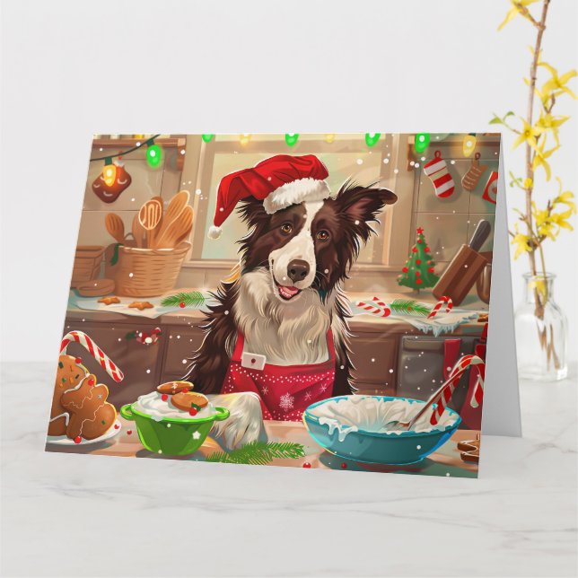Border Collie Holiday Baking: Festive Christmas Card (Yellow Flower)