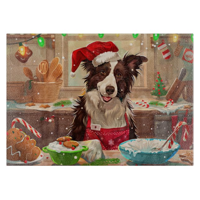 Border Collie Holiday Baking: Festive Christmas Cutting Board (Front)