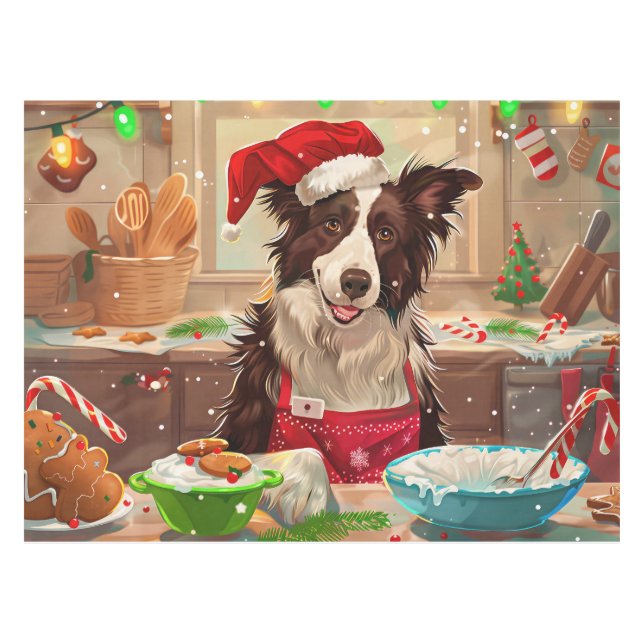 Border Collie Holiday Baking: Festive Christmas Tablecloth (Front (Horizontal))