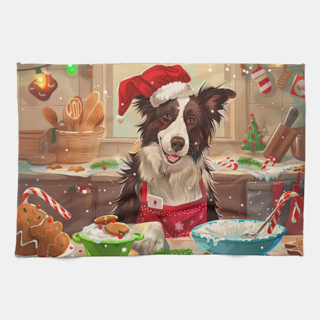 Border Collie Holiday Baking: Festive Christmas Tea Towel (Horizontal)