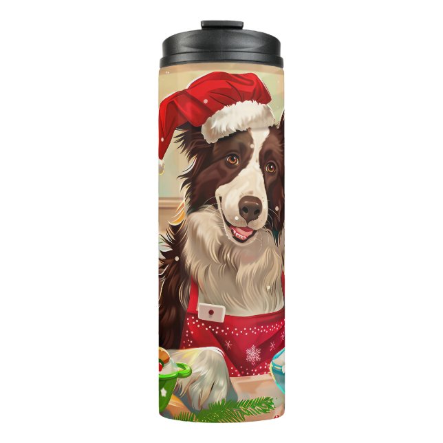 Border Collie Holiday Baking: Festive Christmas Thermal Tumbler (Front)