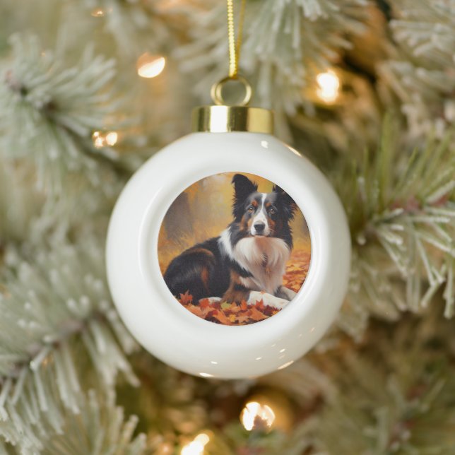 Border Collie  in Autumn Leaves Fall Inspire  Ceramic Ball Christmas Ornament (Tree)