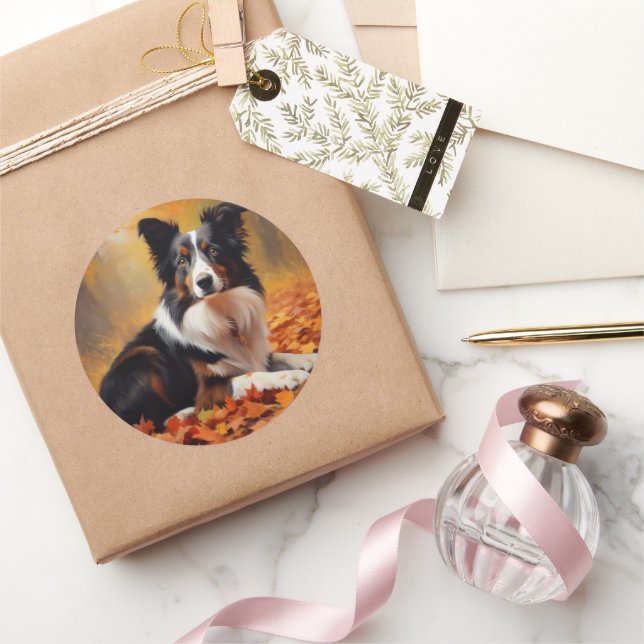 Border Collie  in Autumn Leaves Fall Inspire  Classic Round Sticker (Gifting)