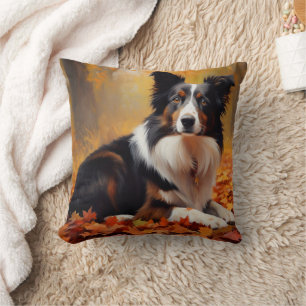 Border Collie  in Autumn Leaves Fall Inspire  Cushion