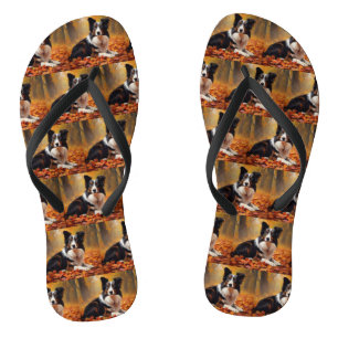 Border Collie  in Autumn Leaves Fall Inspire  Flip Flops