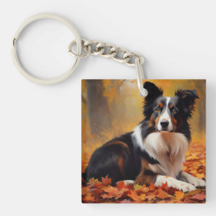 Border Collie  in Autumn Leaves Fall Inspire  Key Ring