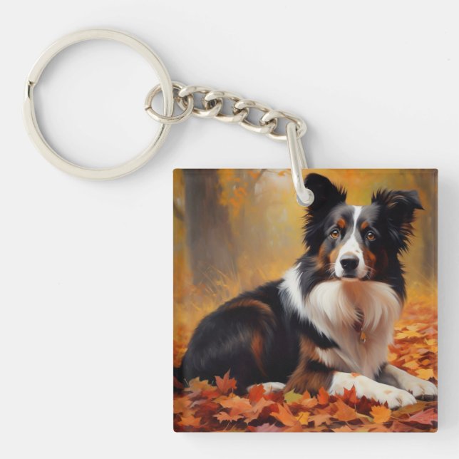 Border Collie  in Autumn Leaves Fall Inspire  Key Ring (Front)