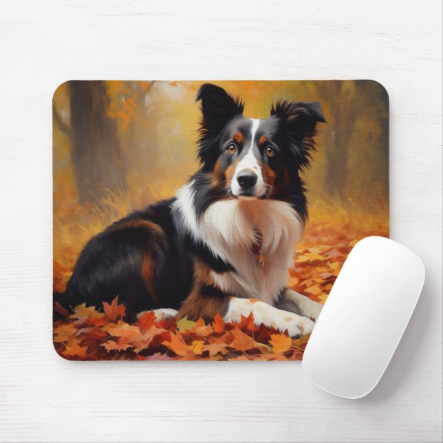 Border Collie  in Autumn Leaves Fall Inspire  Mouse Mat (With Mouse)