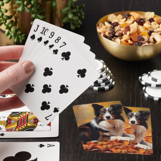 Border Collie  in Autumn Leaves Fall Inspire  Playing Cards (In Situ)