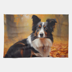 Border Collie  in Autumn Leaves Fall Inspire  Tea Towel