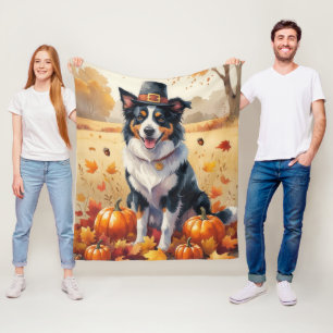 Border Collie In Autumn Leaves Thanksgiving Art  Fleece Blanket