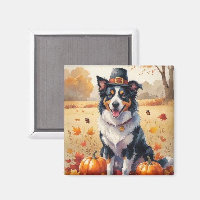Border Collie In Autumn Leaves Thanksgiving Art  Magnet (Front/Back)