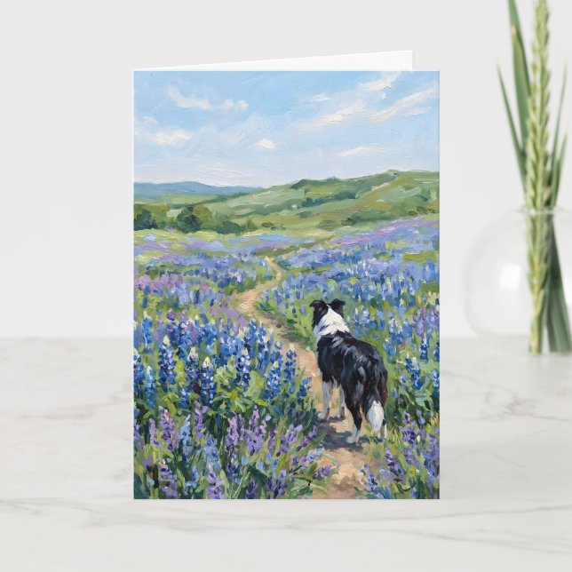 Border Collie in Purple Flowers Blank Card (Front)