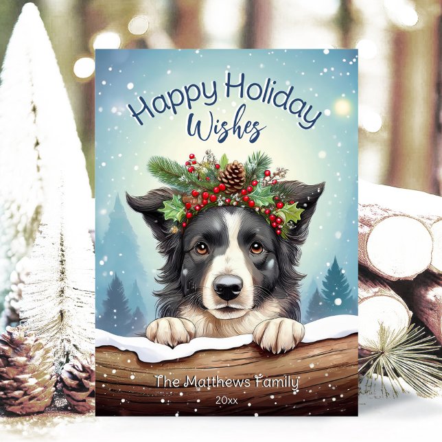 Border Collie in Rustic Snowing Forest Happy Holiday Card (Adorable Winter Snowy Scene With Peeking Dogs or Farm/Woodland Animals - Over 50 to Choose From!)