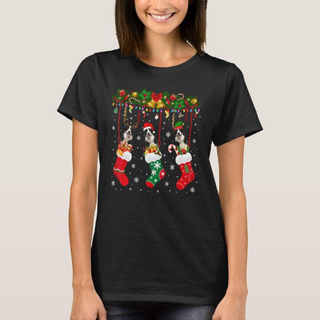 Border Collie In Sock Xmas Reindeer Santa Elf Dog T-Shirt (Front)
