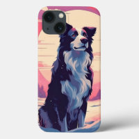 Border Collie in the snowy forest during sunset