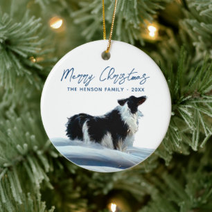 Border Collie in Winter Snow Christmas Holiday Ceramic Tree Decoration