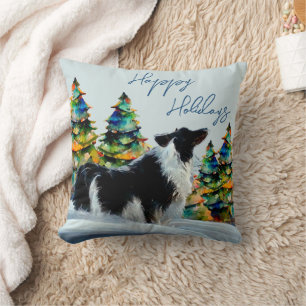 Border Collie in Winter Snow Christmas Tree  Cushion