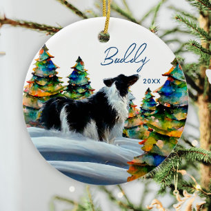 Border Collie in Winter Snow Forest Christmas Tree Ceramic Tree Decoration