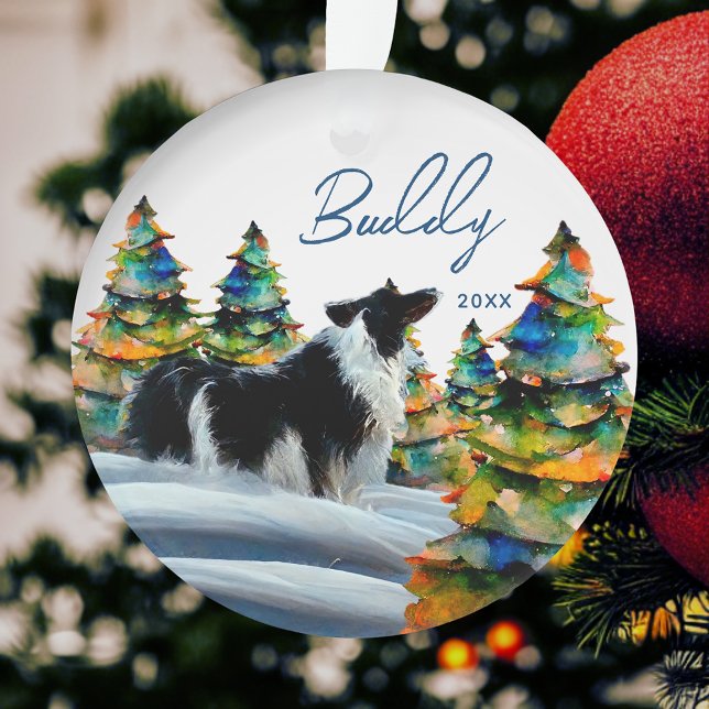 Border Collie in Winter Snow Forest Christmas Tree Ornament (Creator Uploaded)
