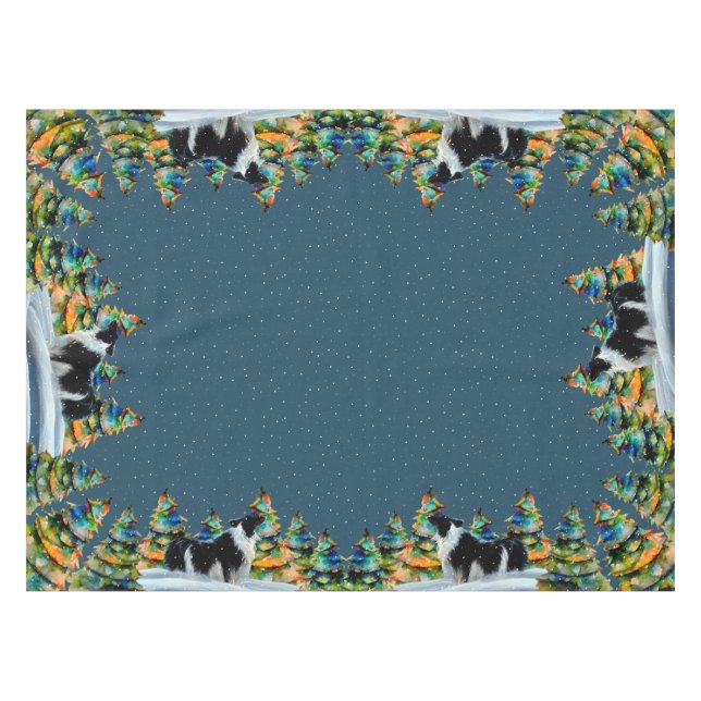 Border Collie in Winter Snow Forest Christmas Tree Tablecloth (Front (Horizontal))